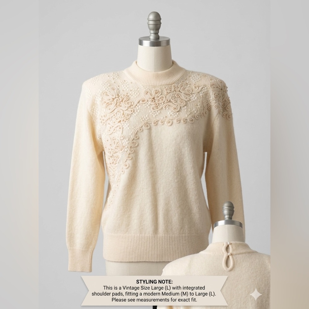 Vintage NILANI Angora Lambswool Beaded Sweater Cream Lace Applique Size L